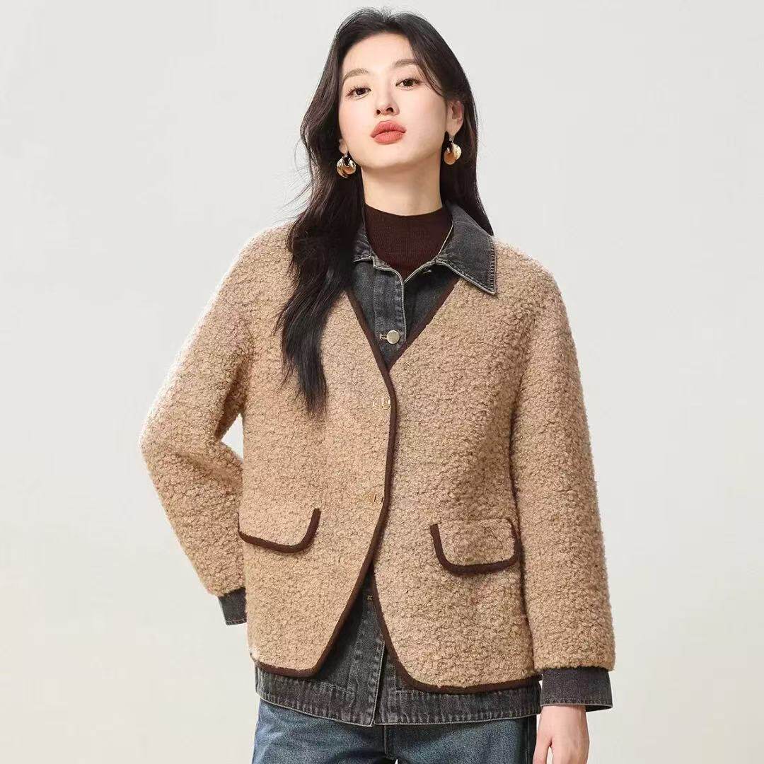 HW632外套假两件洋气设计感牛仔拼接外套女宽松显瘦百搭长袖上衣