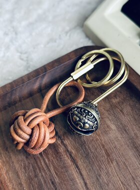 MOZE本哥家牛皮绳编织球要扣钥匙挂纯铜铃铛包挂汽车钥匙挂车挂