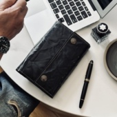 moze出品 黑色真皮活页手账本A5A6A7手抓纹牛皮记事本日记本