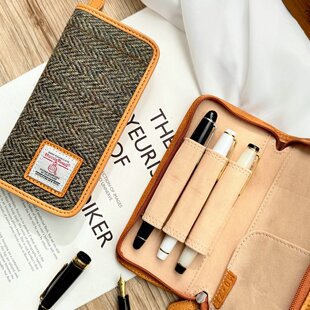 MOZE 哈里斯毛呢皮质笔袋笔包真皮复古多层三支装拉链款笔袋笔盒