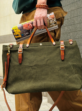 【40*30*13】1.3帆布拼皮手提托特包单肩斜挎大容量复古极简包