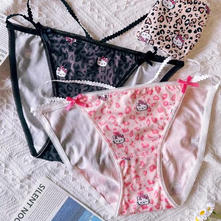 性感豹纹KT猫三角裤衩女纯欲HelloKitty卡通印花可爱少女冰丝内裤