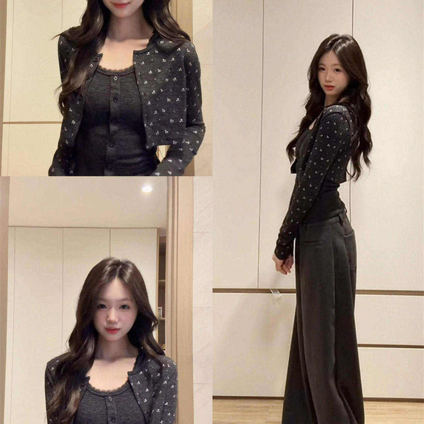 韩系碎花短款针织开衫外套女2026早春修身显瘦背心上衣两件套装女