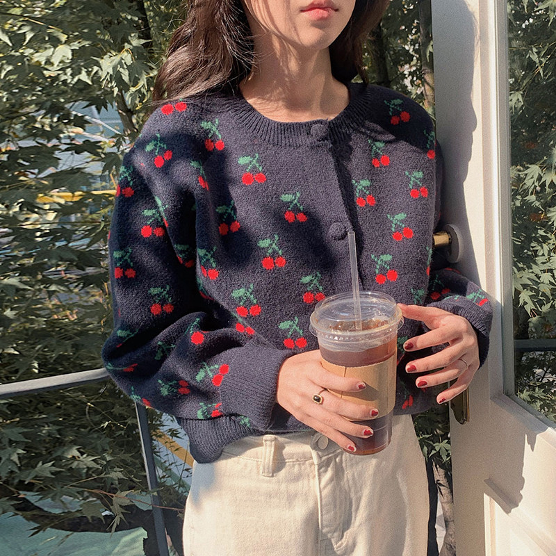 2020春秋新款韩版宽松短款百搭慵懒日系樱桃毛衣开衫外套女针织衫