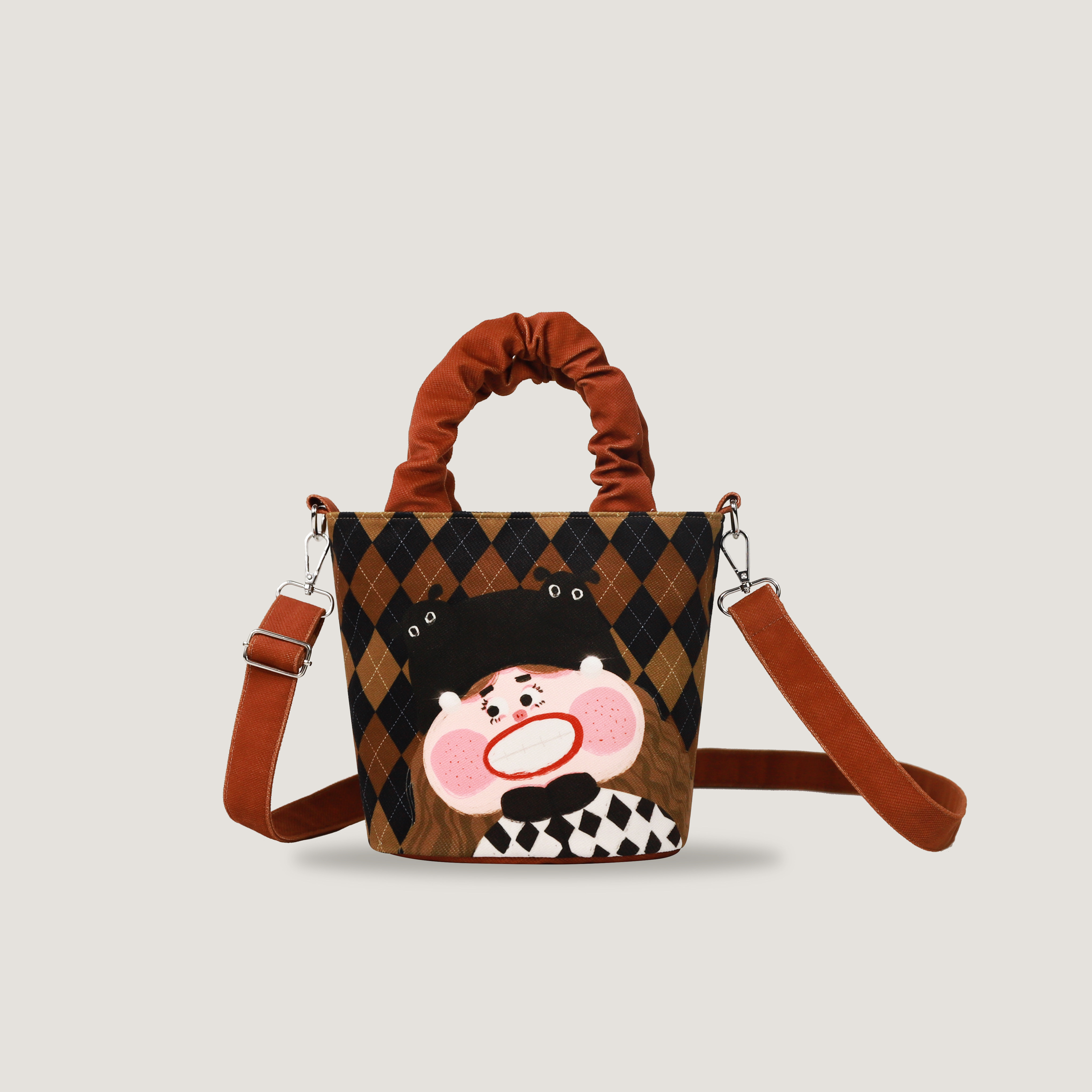 原创可爱冬季女孩印花百搭通勤单肩可斜挎手拎包手提袋水桶帆布包