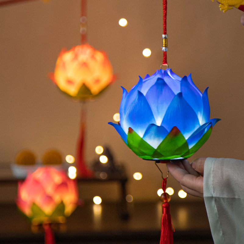 中秋节灯笼手工diy材料儿童发光玩具莲花灯幼儿园自制蓝色荷花灯