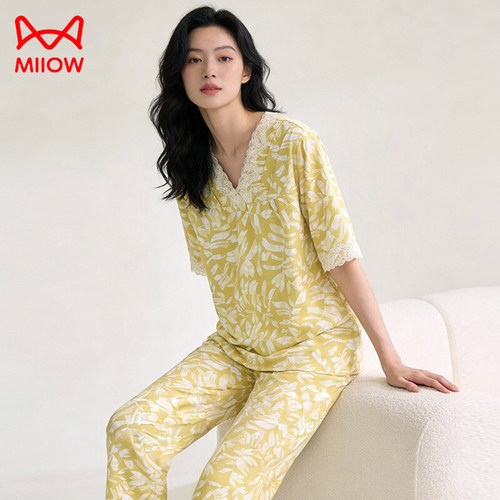 猫人胸垫纯棉睡衣套装