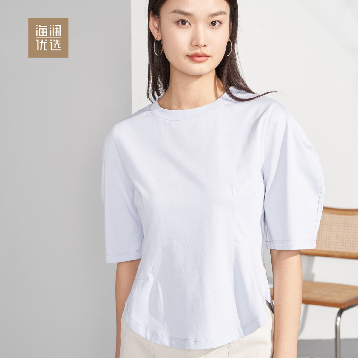 海澜优选纯色宽松高腰半袖 女短袖T恤合并款
