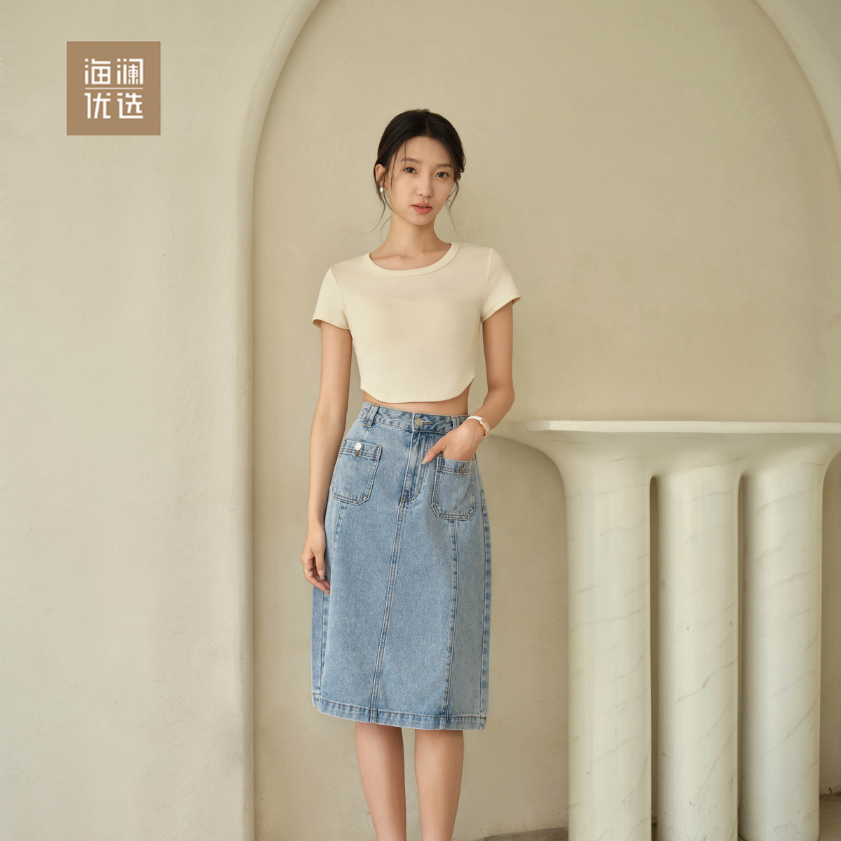 弹力修身收腰显瘦短款女短袖T恤海澜优选夏季新品