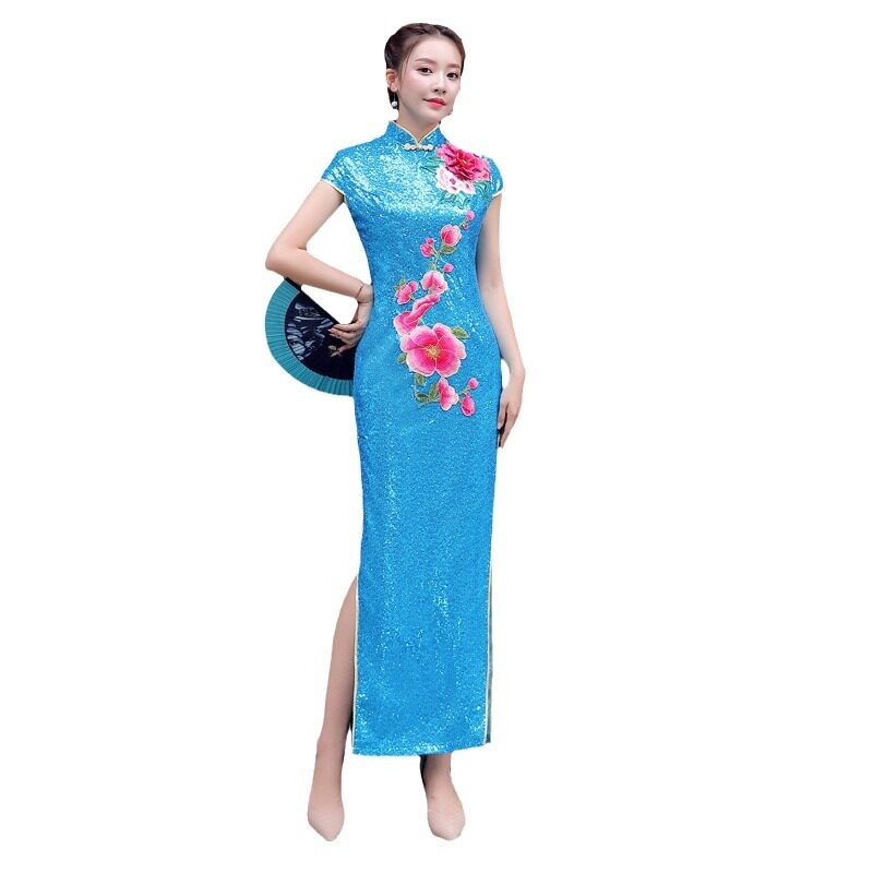 2024新款复古改良亮片旗袍长款女高开叉表演舞台走秀演出祺袍中国