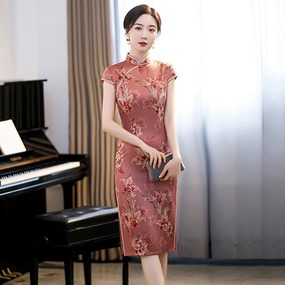 2025新款传统国风中长款改良旗袍女复古修身短袖日常可穿走秀