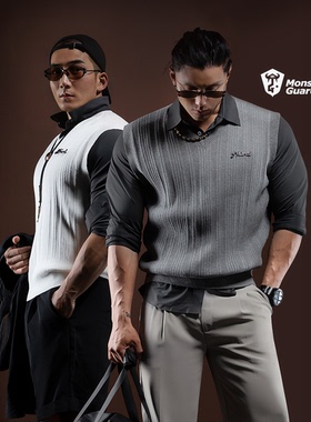 Monster Guardians N系列男子V领老钱风精梳棉宽松毛织复古背心