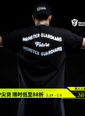 Monster Guardians 男子夏季潮流运动T恤宽松透气黑色印花短袖
