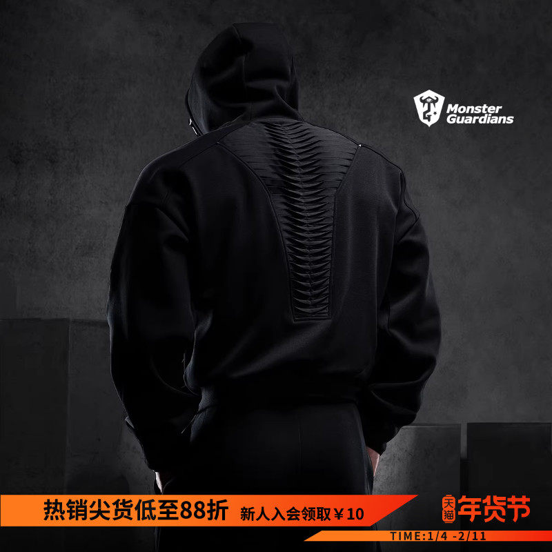 Monster Guardians秋冬短款立体压褶保暖加绒卫衣长裤运动套装男