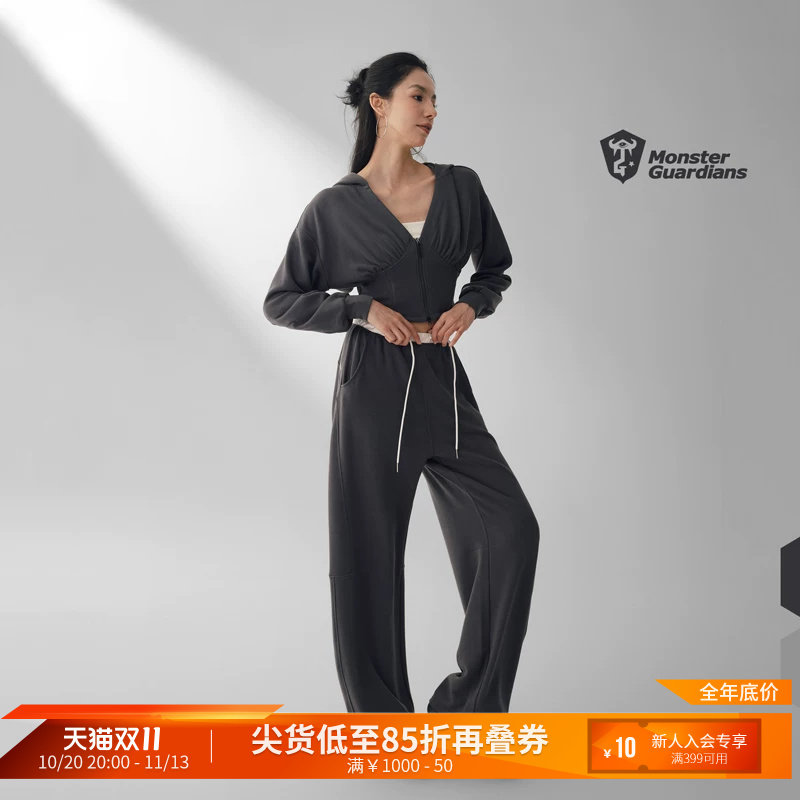 Monster Guardians未来感系列女秋冬抓绒连帽外套弯刀裤运动套装