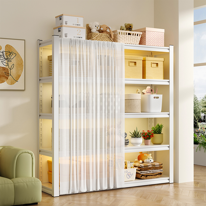 家用货架钢制置物架落地多层防尘帘阳台杂物快递收纳架超市展示架