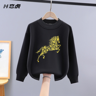 男童加绒卫衣2026新款儿童秋冬加厚一体绒黑色内搭上衣男孩中大童