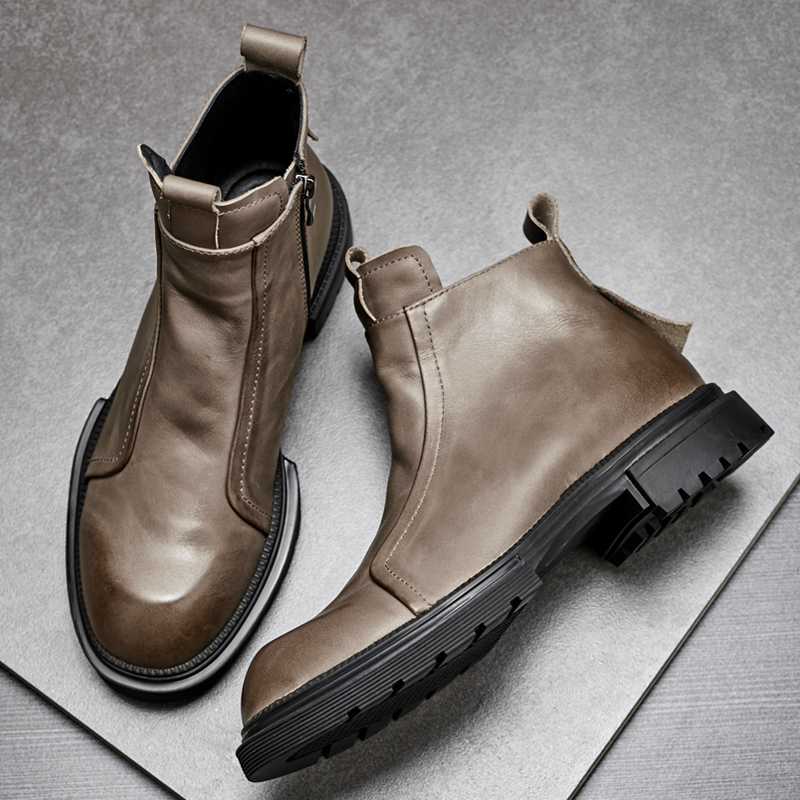 靴子男士秋冬季真皮拉链厚底短靴休闲高帮马丁靴时尚百搭切尔西靴
