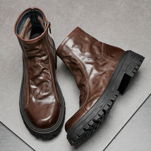 真皮马丁靴男士秋冬高帮英伦风拉链厚底机车工装靴圆头切尔西皮靴