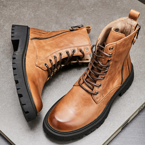 秋冬牛皮拉链复古风潮流户外靴