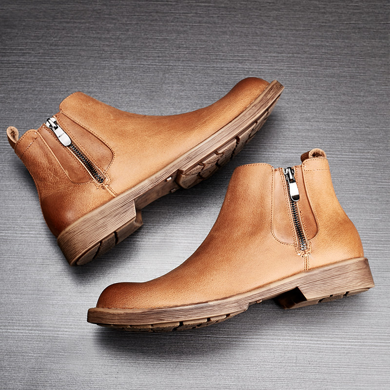 男英伦厚底马丁靴男圆头复古真皮短靴套脚中帮男靴子拉链工装靴男