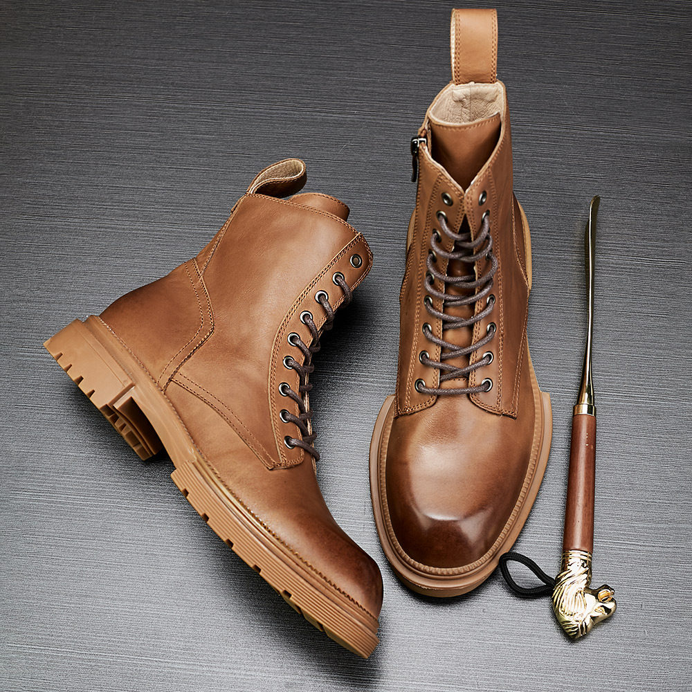 冬季马丁靴真皮男靴英伦韩版高帮时尚圆头皮靴百搭厚底拉链机车靴