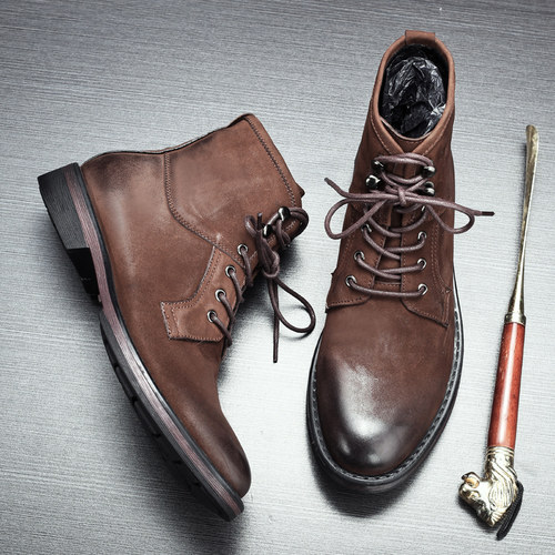 英伦系带真皮高帮圆头复古工装靴