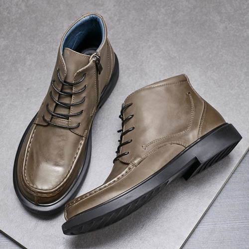 男士休闲高帮皮鞋2025秋冬中帮真皮短靴时尚商务马丁靴男系带靴子