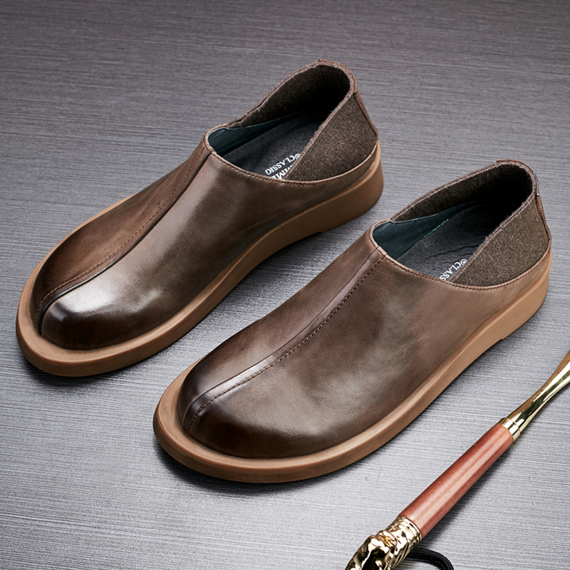 秋季新款真皮男鞋圆头休闲复古大码工装鞋时尚套脚百搭大头皮鞋男,流行男鞋,休闲皮鞋,淘宝优惠券,粉丝福利购,淘宝优惠卷