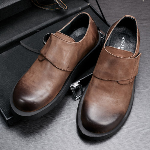 英伦风潮鞋真皮软底休闲皮鞋圆头工装短靴子复古真皮低帮大头鞋男