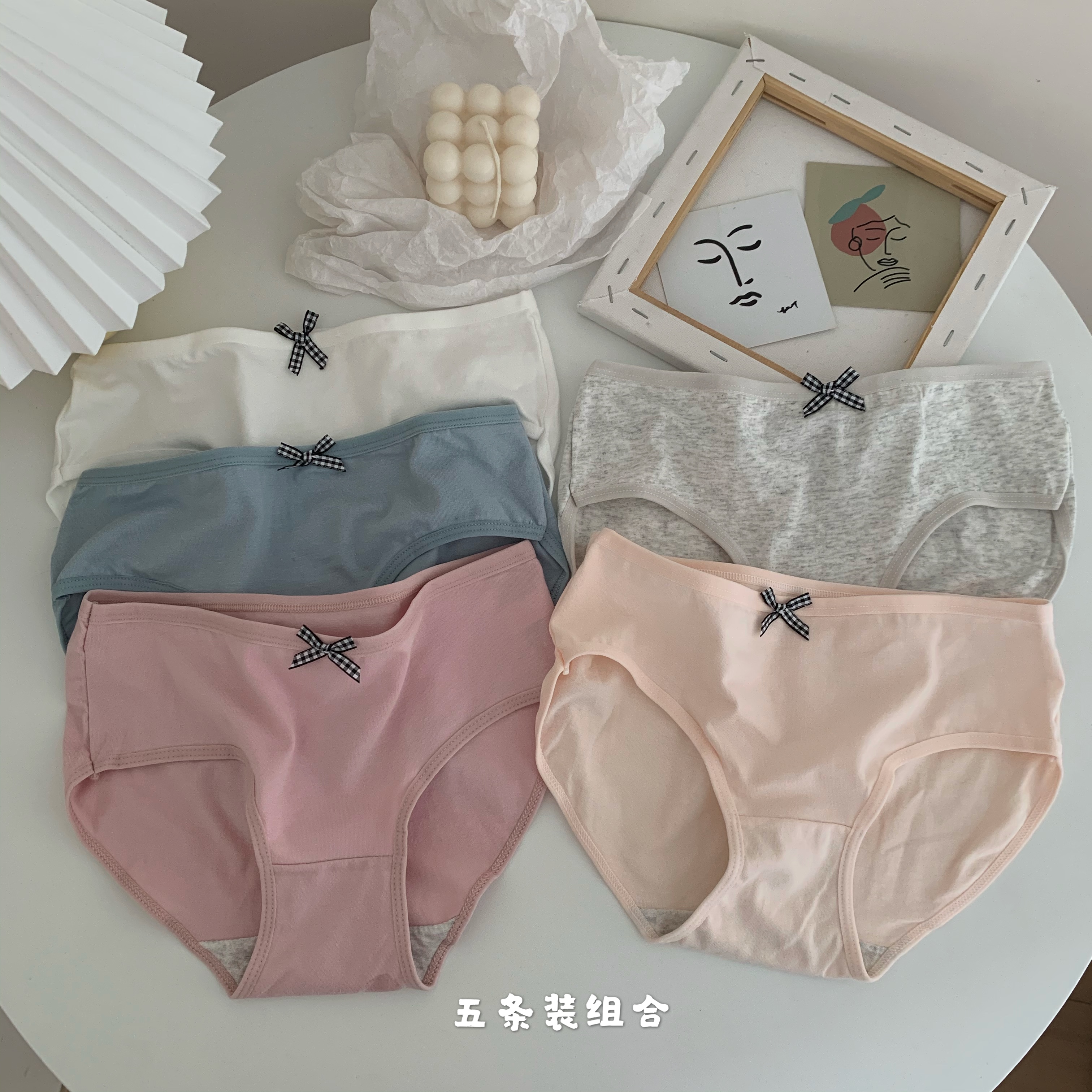 Real price solid color underpants simple bow tie medium waist cotton basic briefs women's five pack