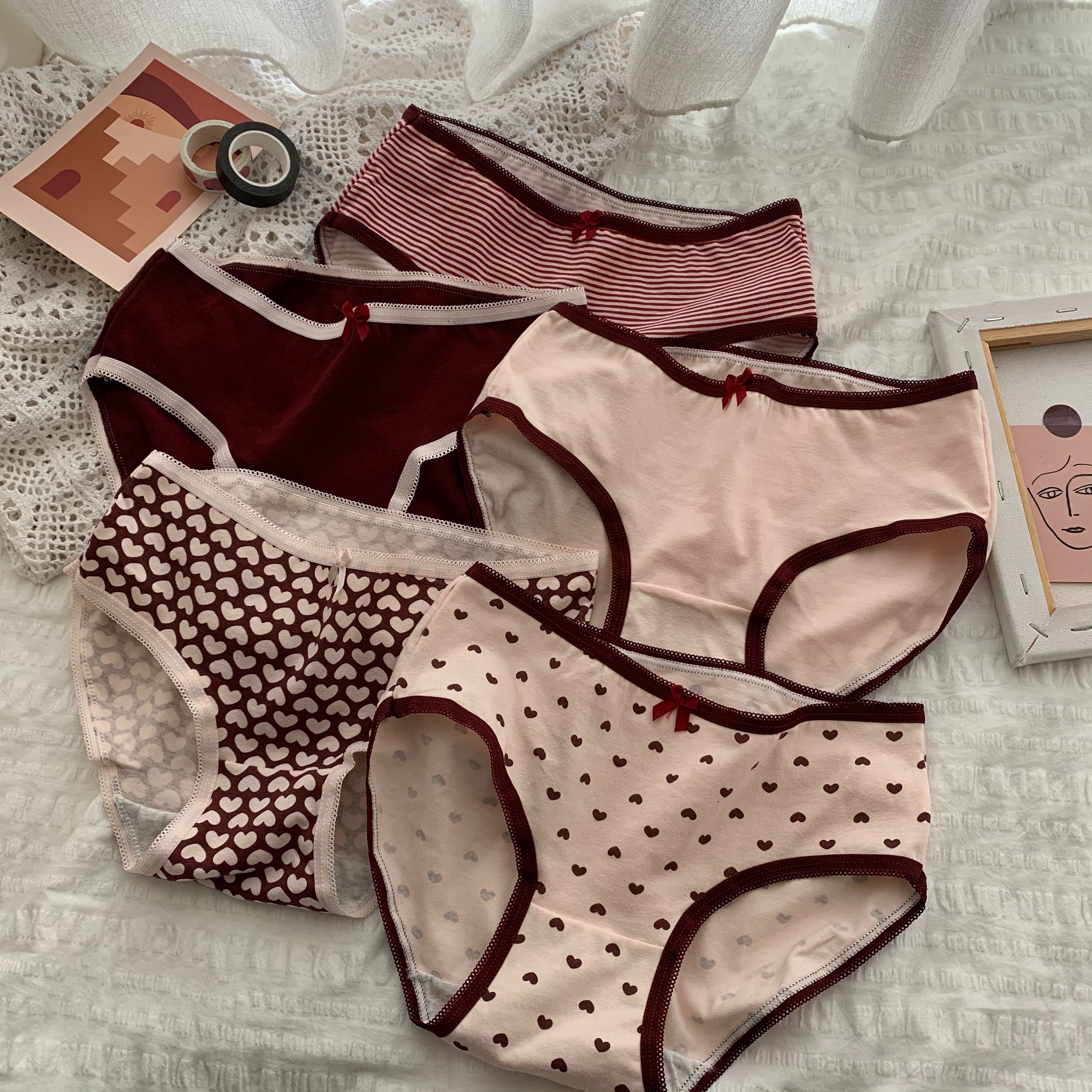 Real price Korean love sweet girl middle waist cotton underwear women's triangle underpants 5 Pack