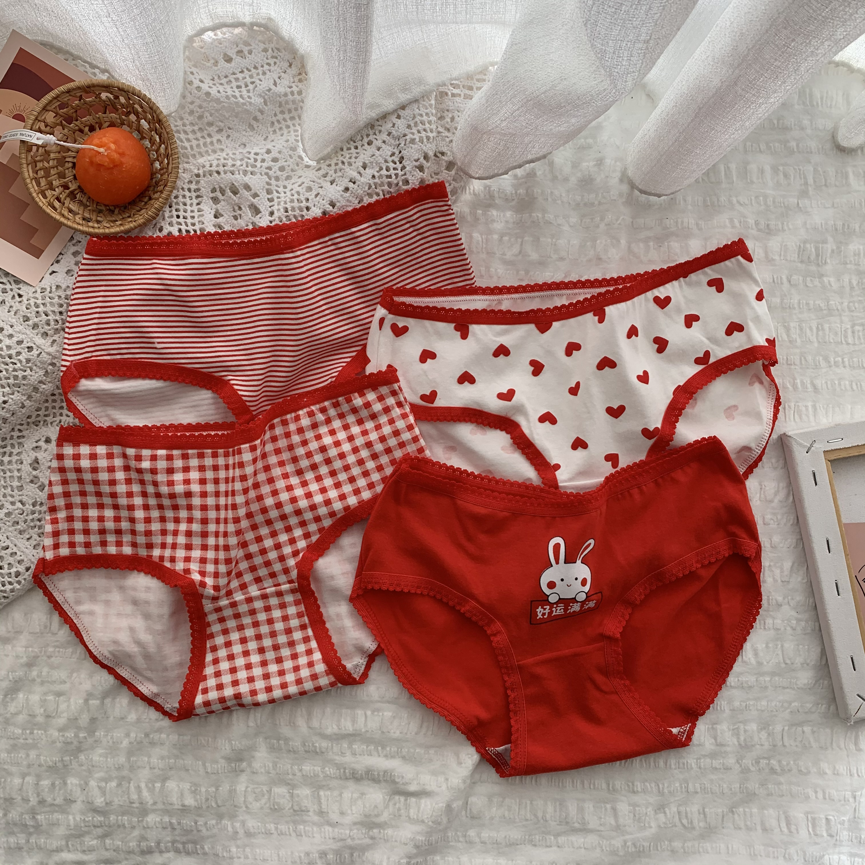 Real shot real price Korean sexy love red briefs cotton underwear women's birthday underwear 4 Pack