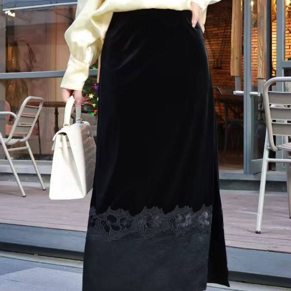 高端定制 欧洲站 26早春  拼接气质松紧腰显瘦丝绒半身裙,女装/女士精品,汉服半身裙,淘宝优惠券,粉丝福利购,淘宝优惠卷