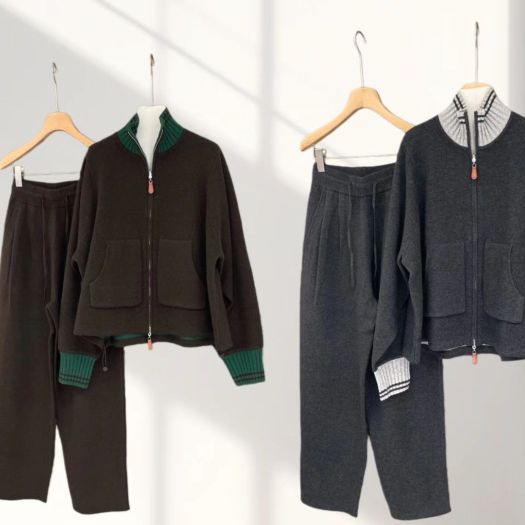 高端定制 欧洲站  两面穿厚款羊绒针织开衫+针织裤套装