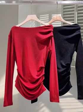 高端定制 欧洲站  一字领显瘦压褶长袖上衣S33147
