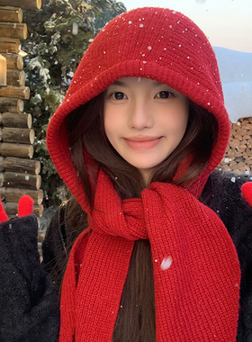 红色巨好看的帽子女士冬女款2025新款时尚洋气冬季围巾一体针织帽
