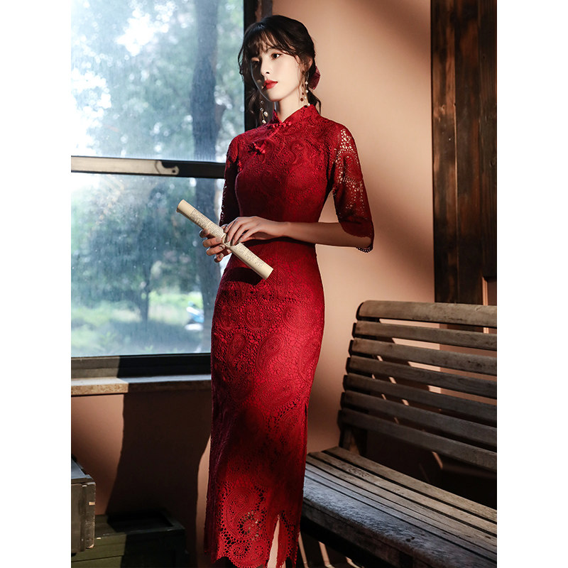 旗袍敬酒服新娘2020新款酒红色结婚订婚礼服裙子平时可穿中式回门