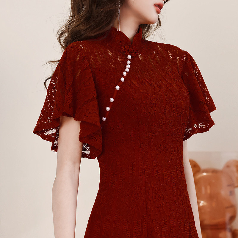 旗袍敬酒服新娘2022新款夏季酒红色订婚礼服小个子平时可穿回门服