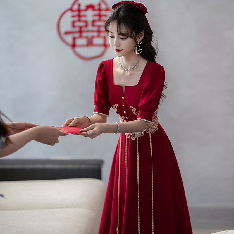 敬酒服新娘女夏季酒红色订婚连衣裙中式回门便装旗袍晚礼服出阁宴