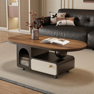 宜友意式轻奢风家用客厅小户型沙发边几可移动椭圆形实木推车茶几