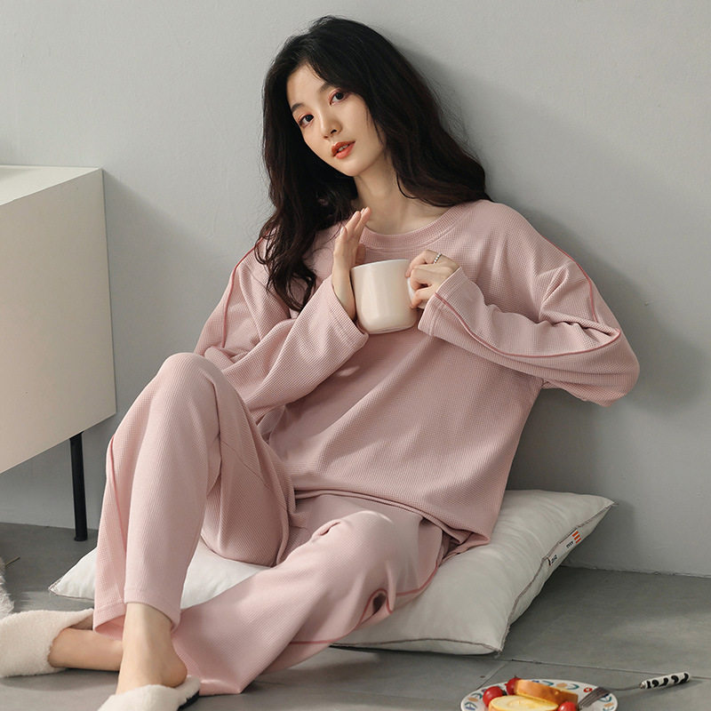 睡衣女春秋纯棉新款华夫格套头纯色春季长袖档家居服可外穿套装女