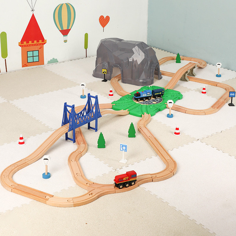 CHILDRENS LE COOL SMALL TRAIN TRACK MOUNTAIN SET LARGE BUILDING BLOCK TOY WOODEN BOY AND GIRL MODEL CAR COMPATIBLE BRIO