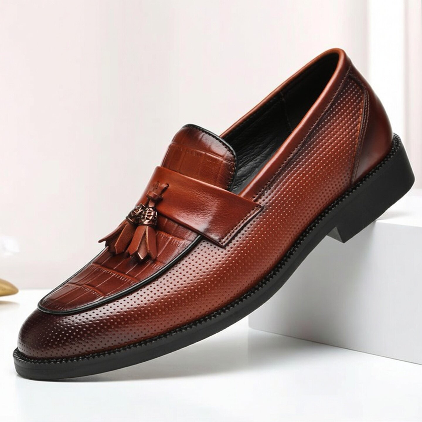 欧式手工男鞋头层牛皮乐福鞋男款商务休闲皮鞋男士流苏带跟豆豆鞋