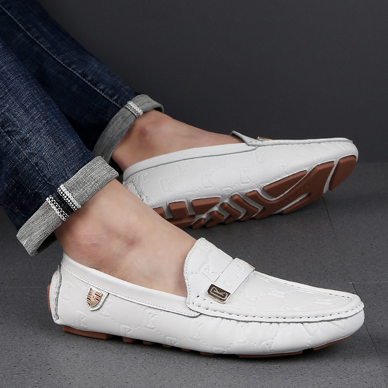 白色豆豆鞋男夏季一脚蹬休闲皮鞋男款软牛皮平底小码驾车鞋37 38