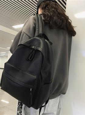 新品防水书包女韩版新款百搭时尚潮bf风皮背包女黑色双肩包男旅行