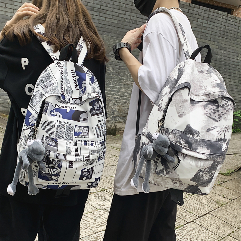 双肩包潮牌涂鸦扎染高中报纸女