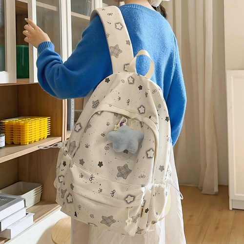 新品 韩系五角星印花书包女初中学生森系小众大容量学生双肩背包