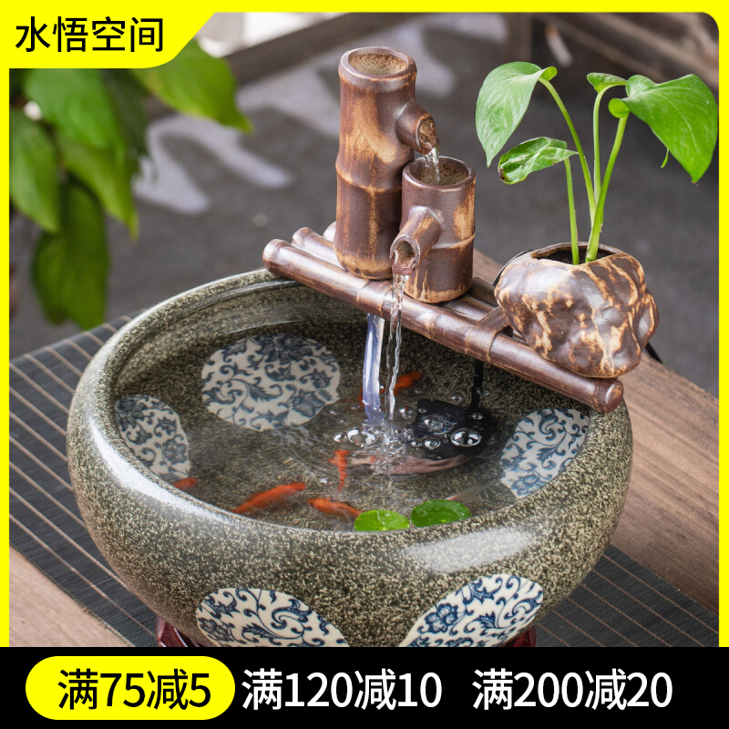 流水摆件鱼缸g造景过滤器循环养鱼竹子水池中式复古微景观装饰家
