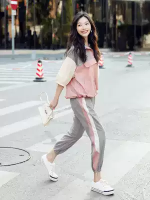 Daddy pants with sports style tooling set tide ins cool girls wear handsome student wide leg pants two-piece set